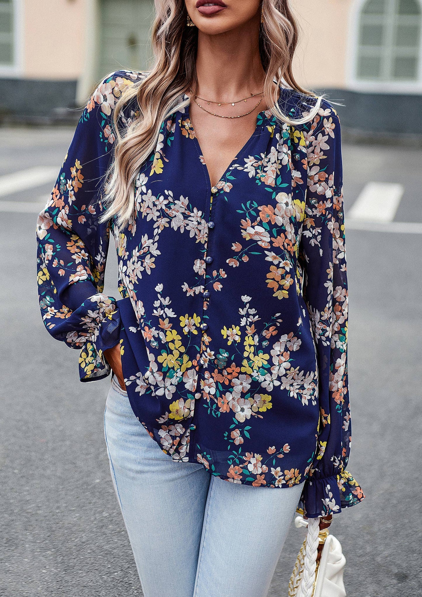 ePretty - Floral Button Down Long Sleeve Blouse SZ25-TP32012: Beige / M