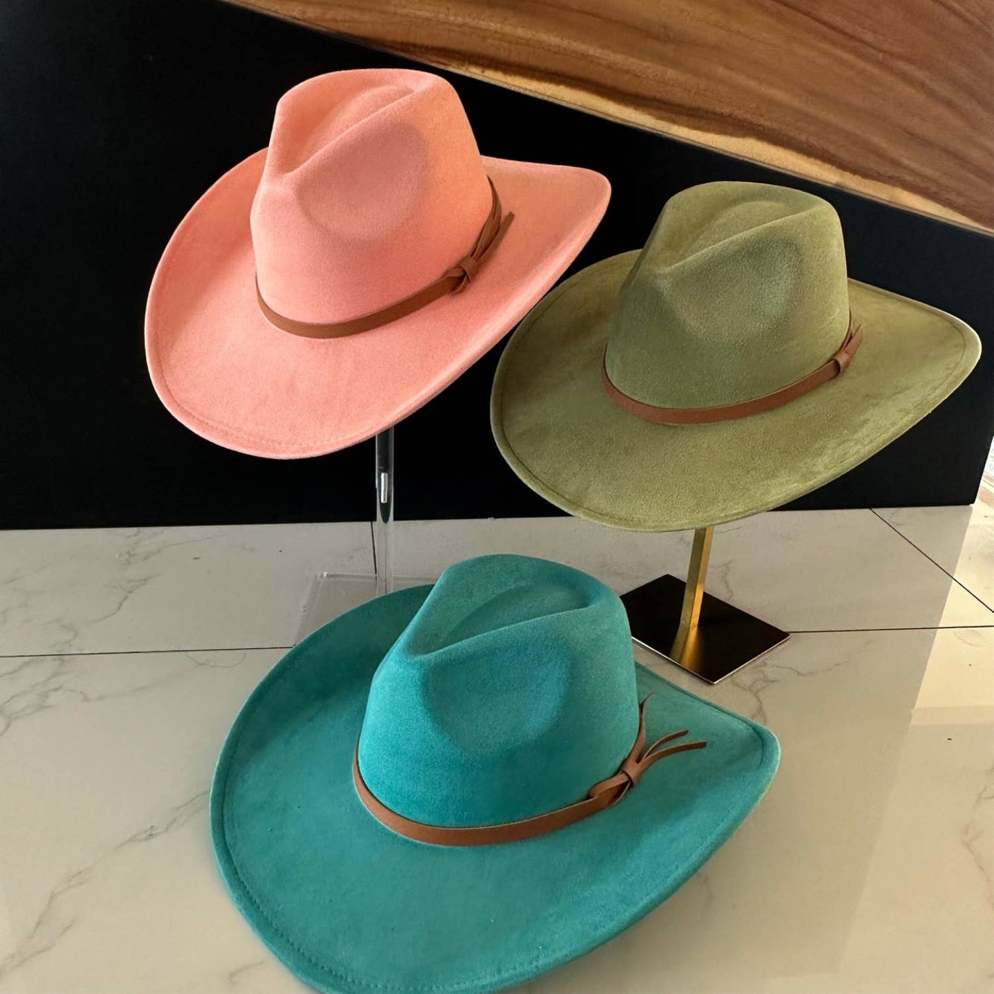 Queens INC - Fashion Vegan suede Cowboy hat W/ Leather Belt: OLIVE / ONE SIZE
