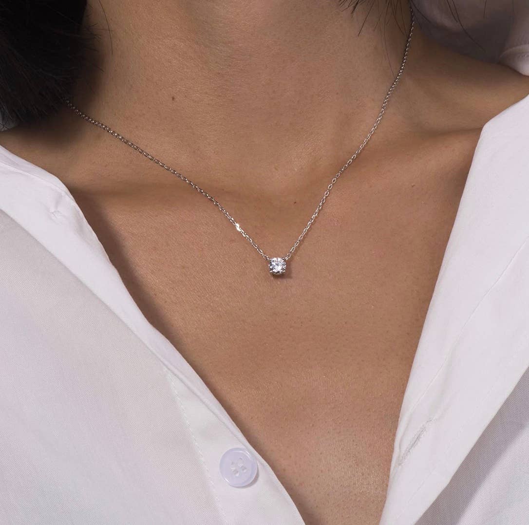 18k White Gold Plated Solitaire Crystal Necklace