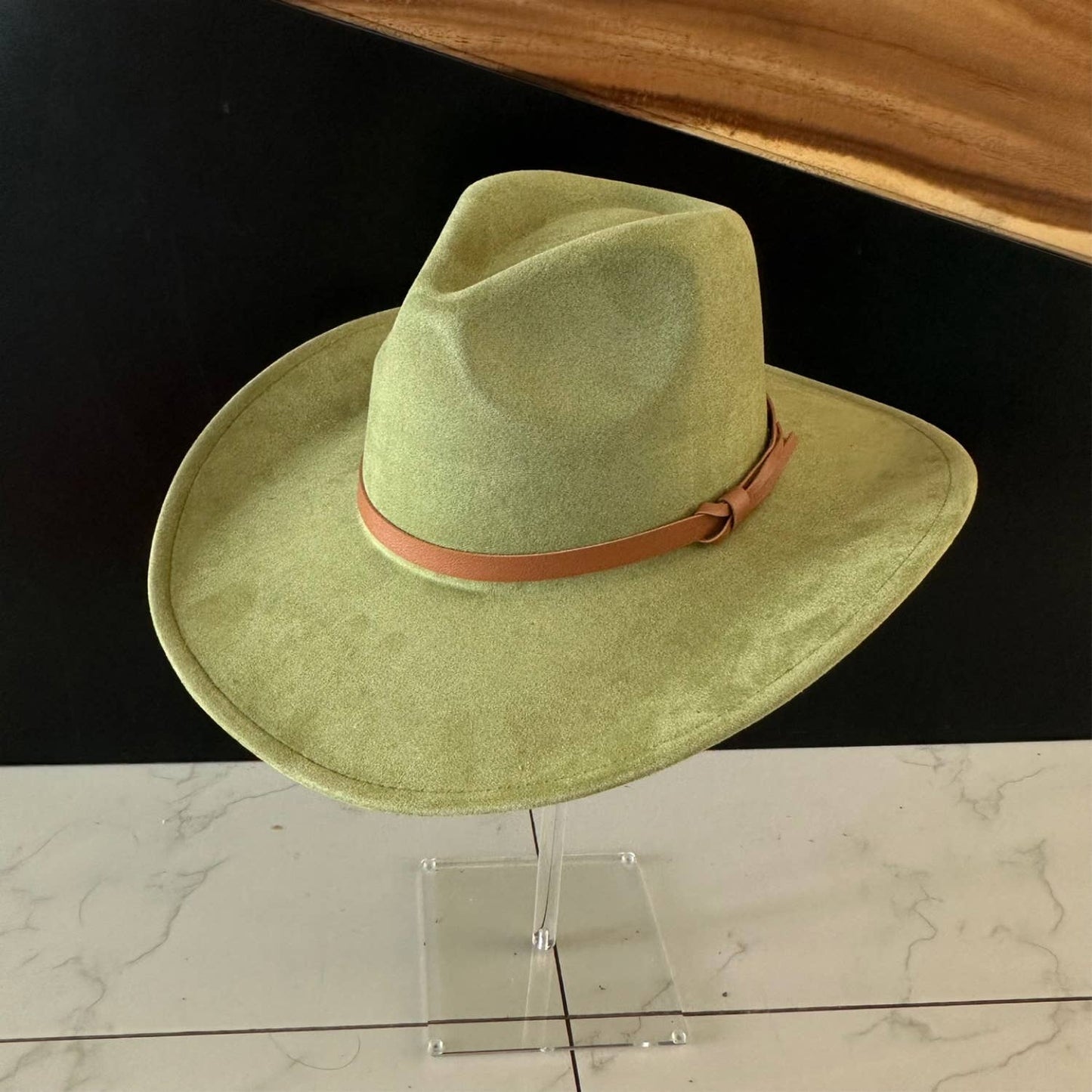 Queens INC - Fashion Vegan suede Cowboy hat W/ Leather Belt: OLIVE / ONE SIZE