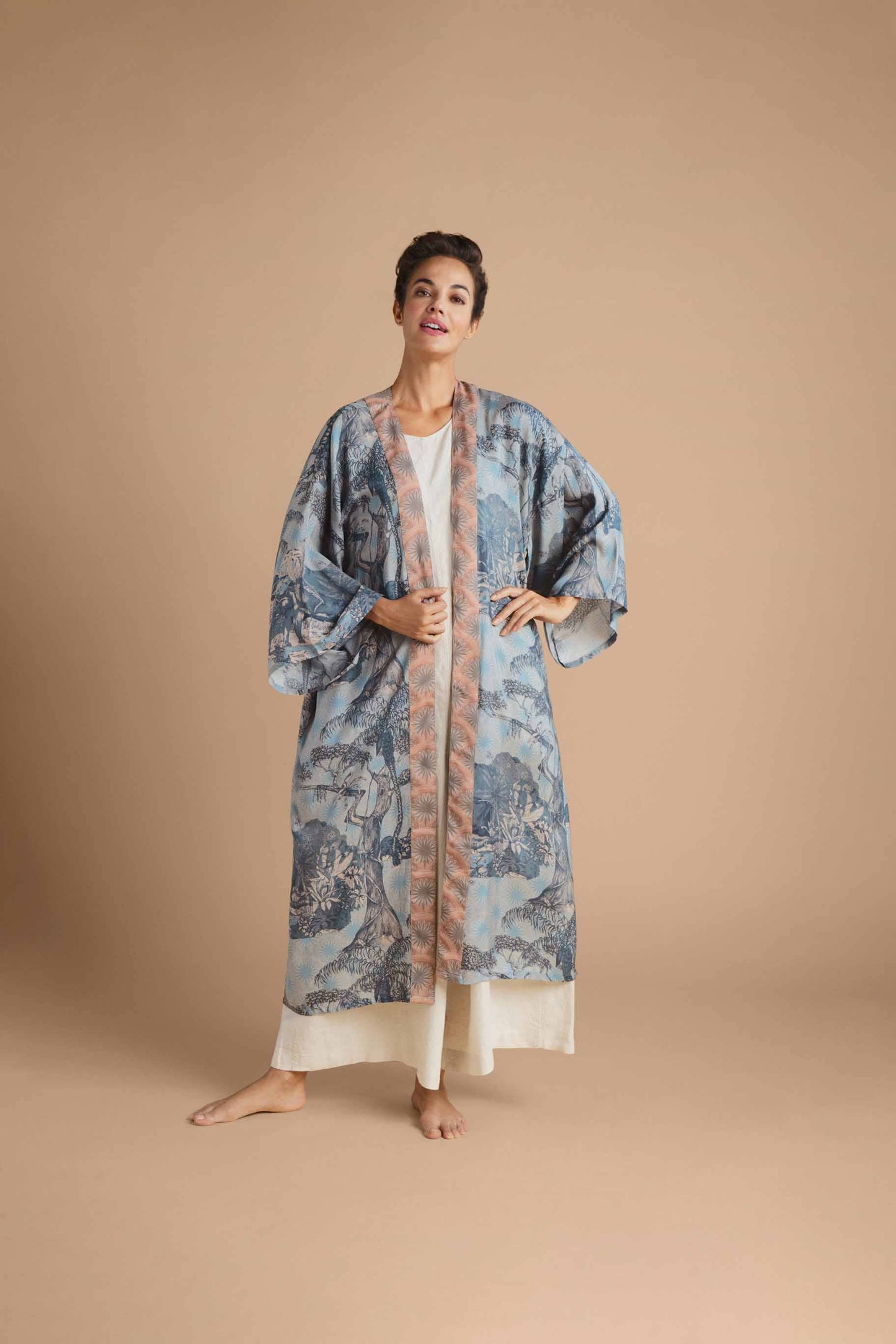 Tropical Toile Kimono Gown - Denim