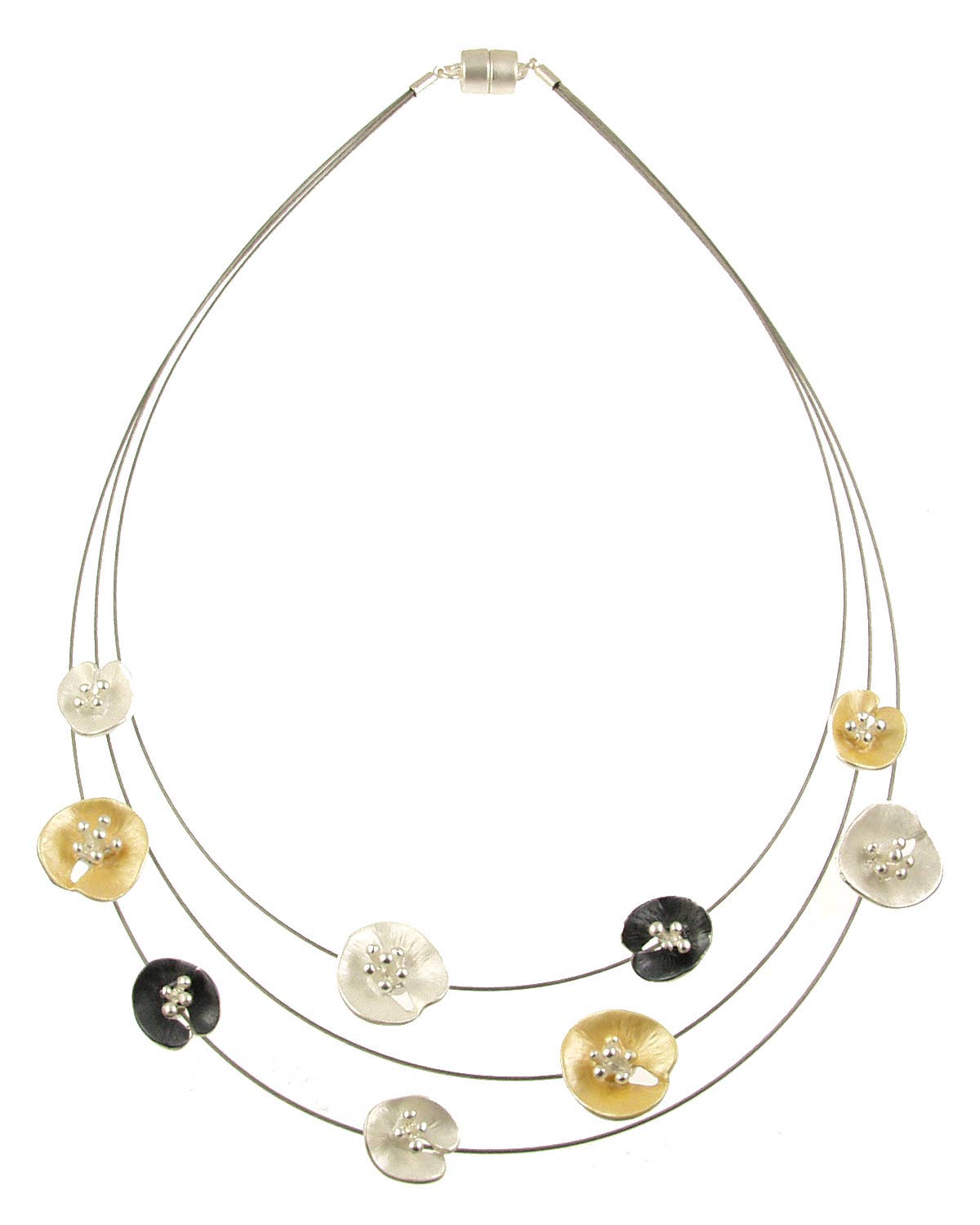 Origin Jewelry - Floral Lilypad Necklace, Three Strands, 18", Magnetic Clasp: Blue