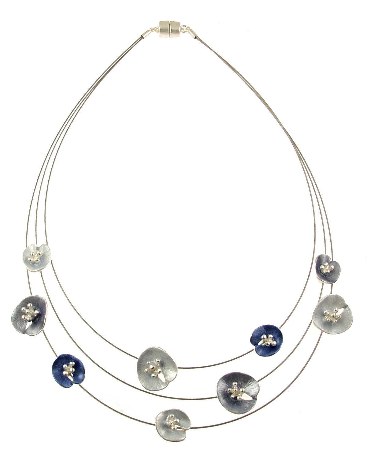 Origin Jewelry - Floral Lilypad Necklace, Three Strands, 18", Magnetic Clasp: Blue