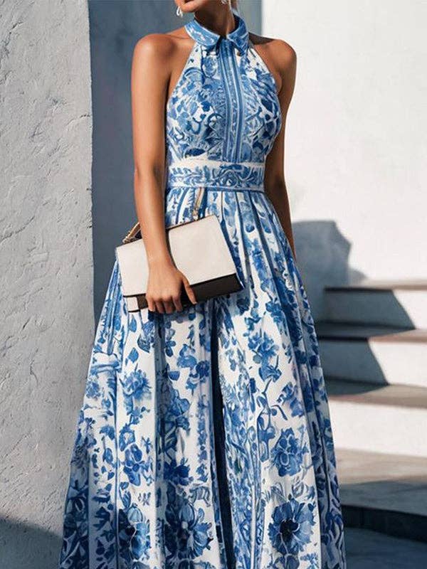 UZ Wholesale Store - Floral Print A-Line Maxi Dress with Split Lapel - Loose Fit: BLUE / L