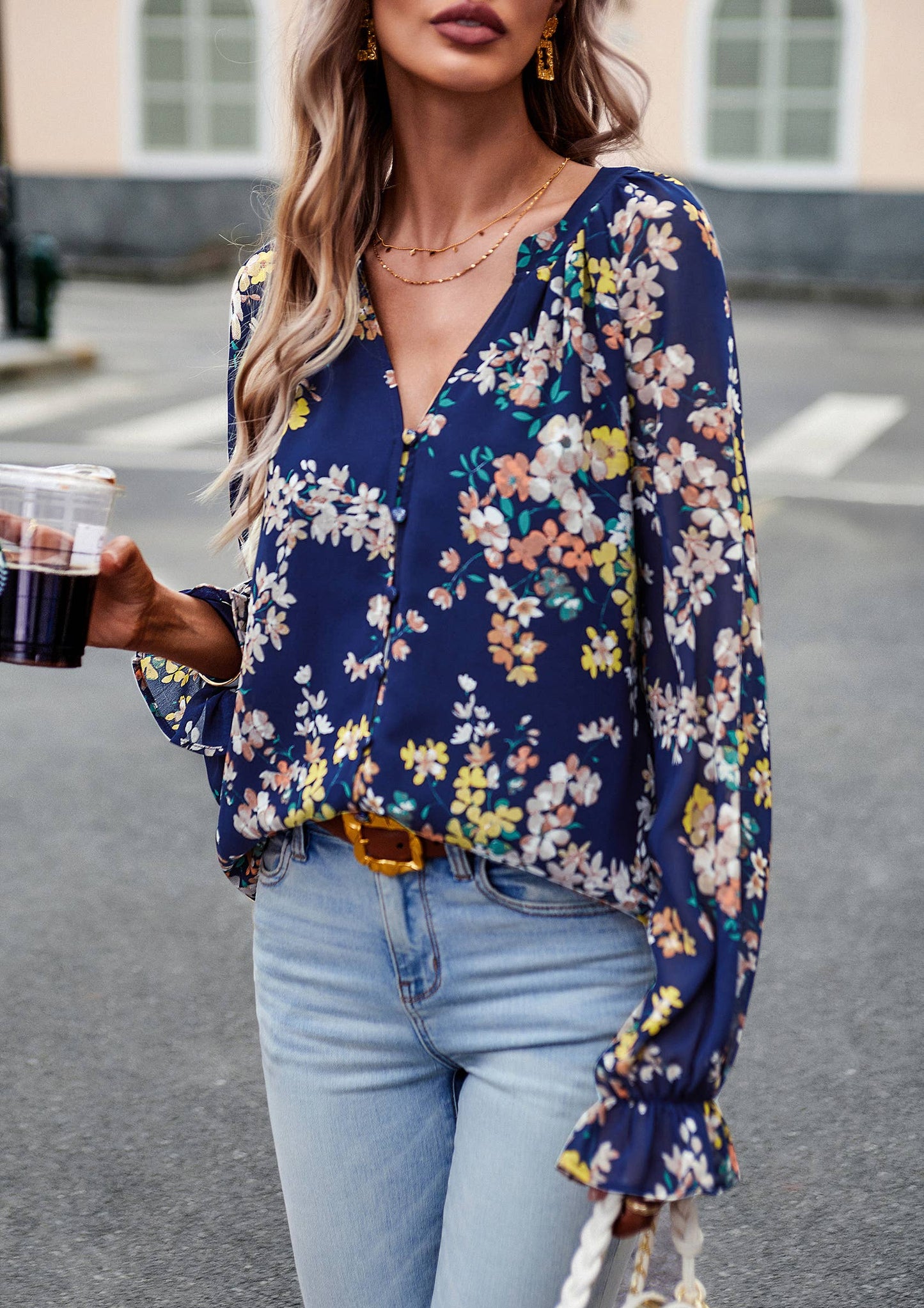 ePretty - Floral Button Down Long Sleeve Blouse SZ25-TP32012: Beige / S