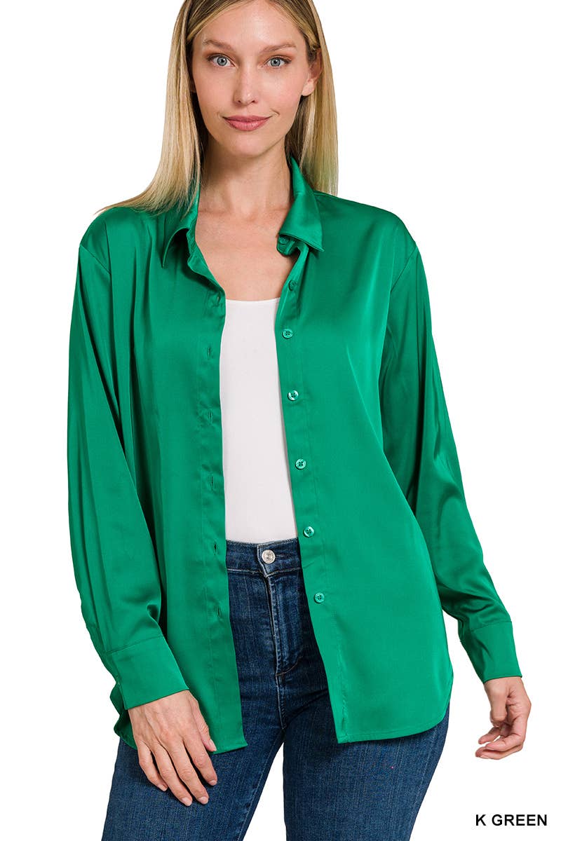 42POPS - ....SI-23622 SATIN CHARMEUSE BUTTON FRONT SHIRT: IVORY-153070 / M