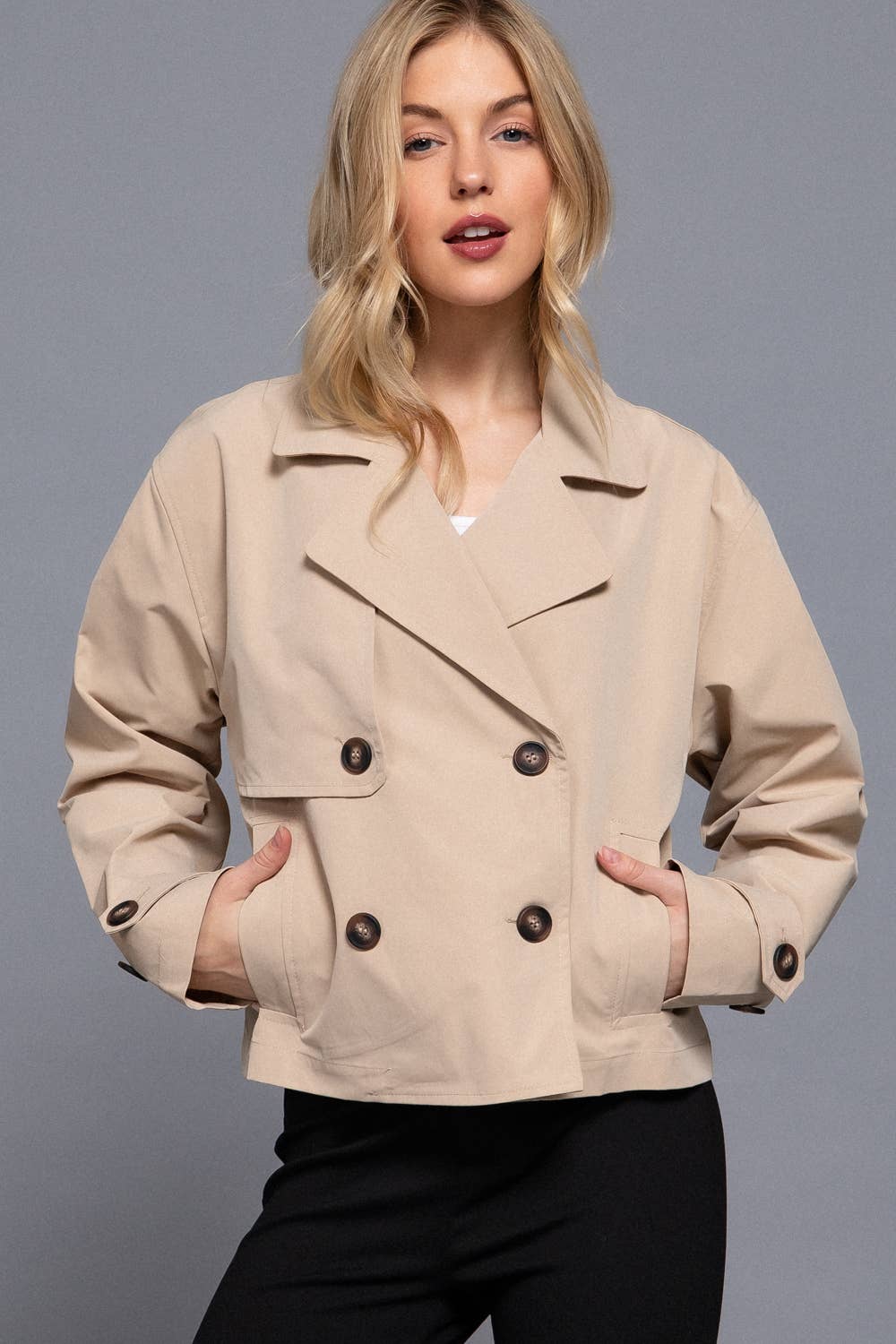 42POPS - ,,....SI-26853 Double Breasted Short Trench Jacket: KHA-beige-172710 / L