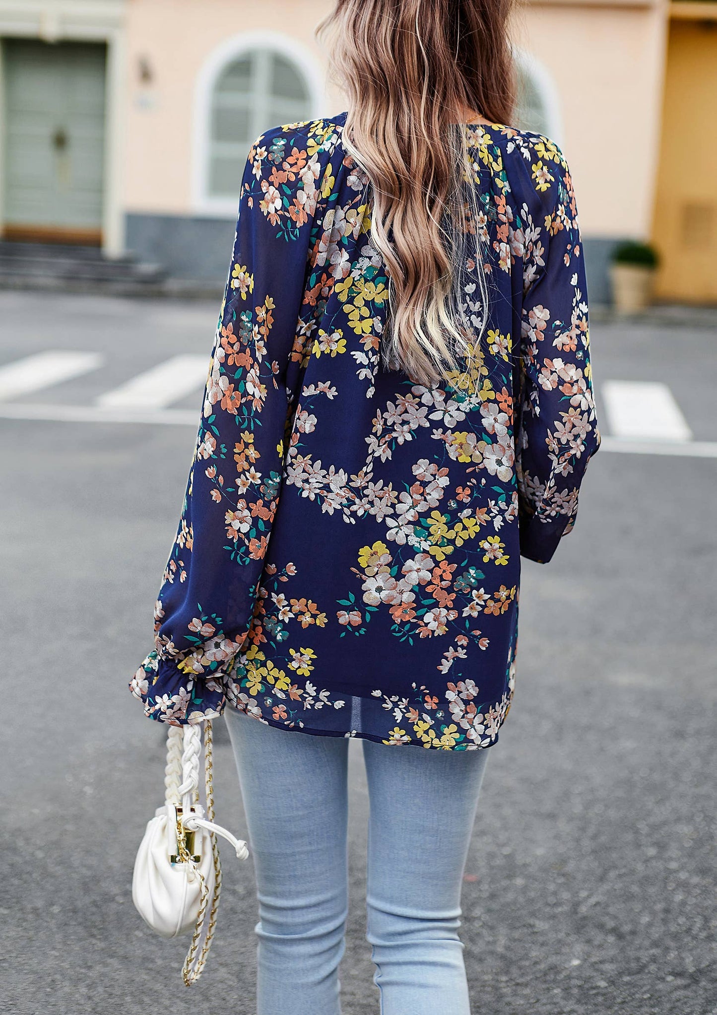 ePretty - Floral Button Down Long Sleeve Blouse SZ25-TP32012: Beige / M