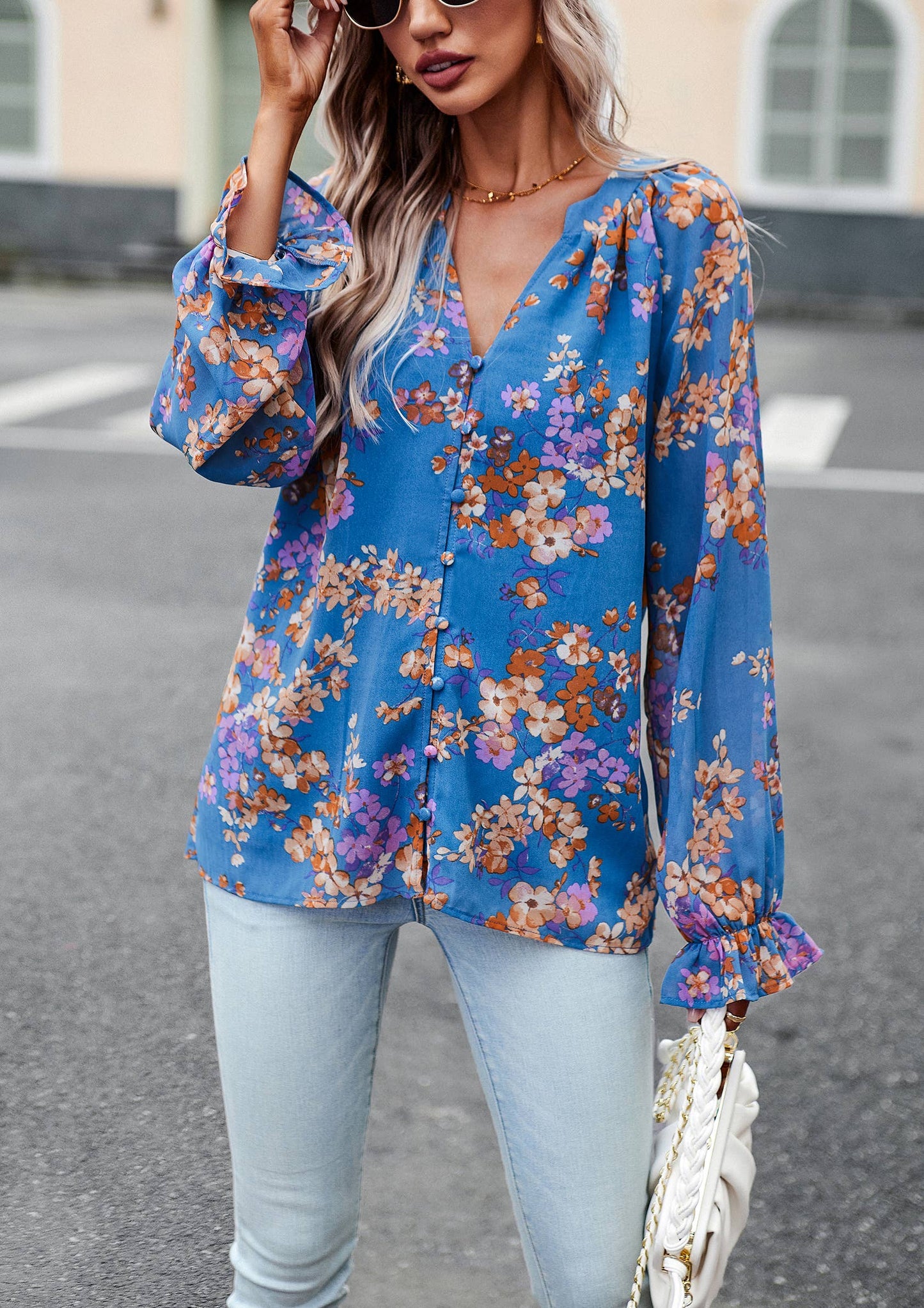 ePretty - Floral Button Down Long Sleeve Blouse SZ25-TP32012: Beige / M