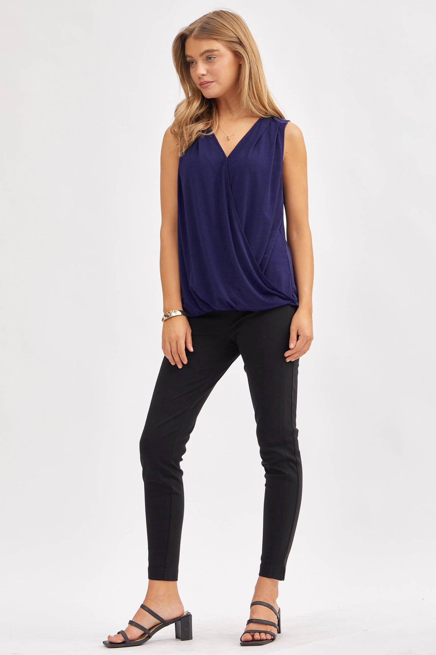Dear Scarlett - Surplice V Neck Solid Sleeveless Tank Top: BLACK / M