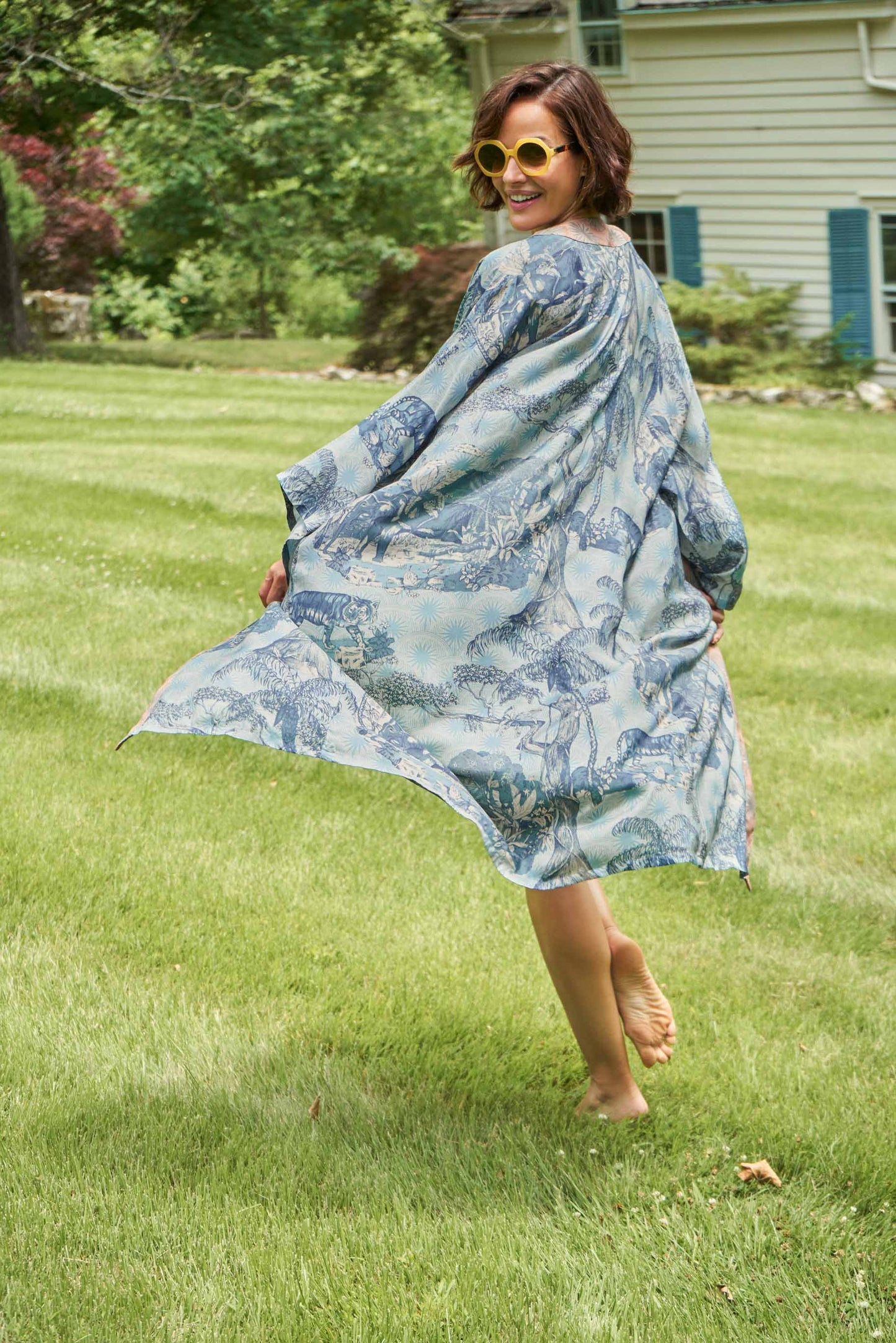 Tropical Toile Kimono Gown - Denim