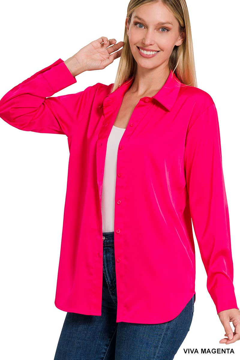 42POPS - ....SI-23622 SATIN CHARMEUSE BUTTON FRONT SHIRT: IVORY-153070 / M
