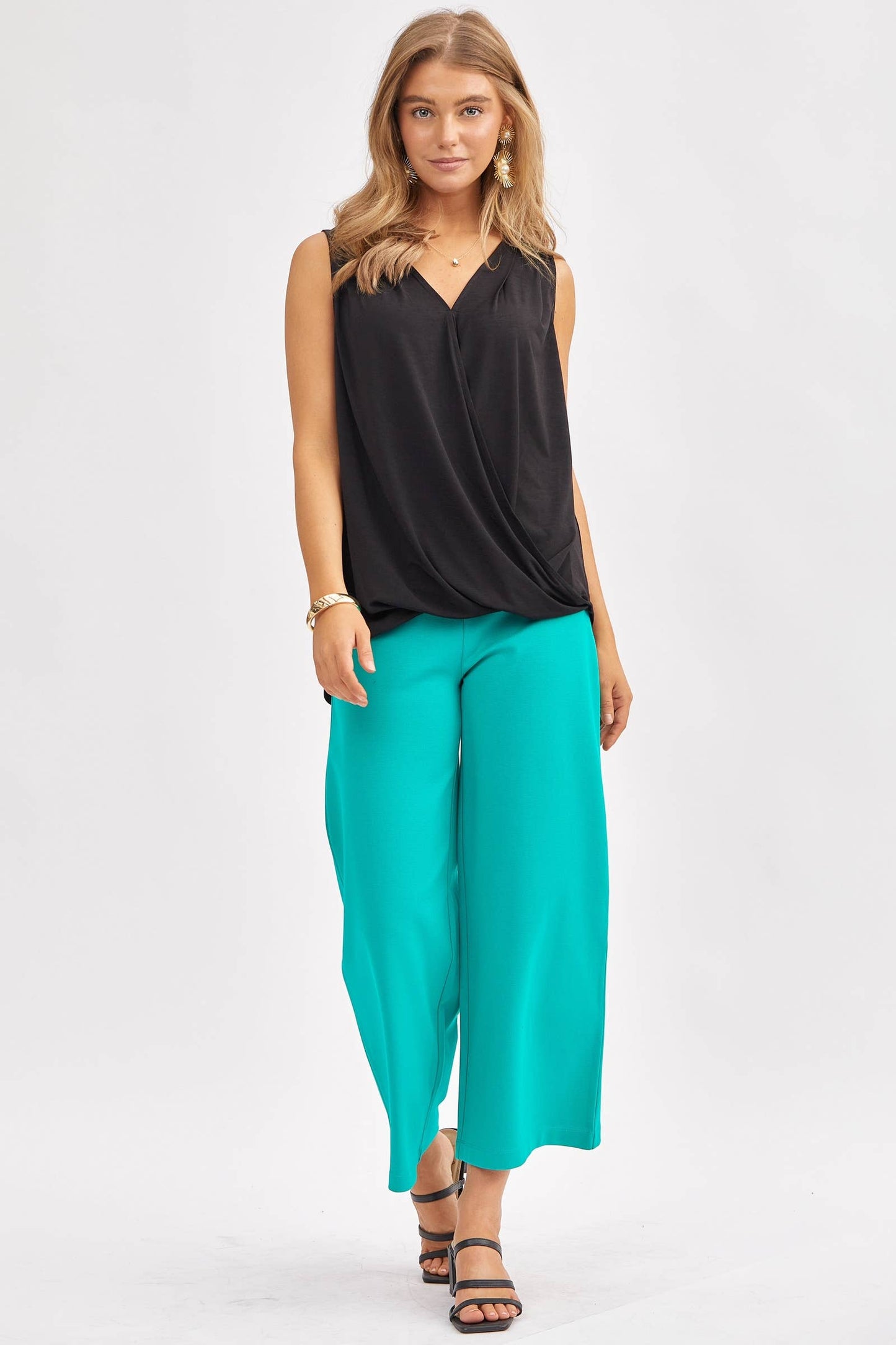Dear Scarlett - Surplice V Neck Solid Sleeveless Tank Top: BLACK / M