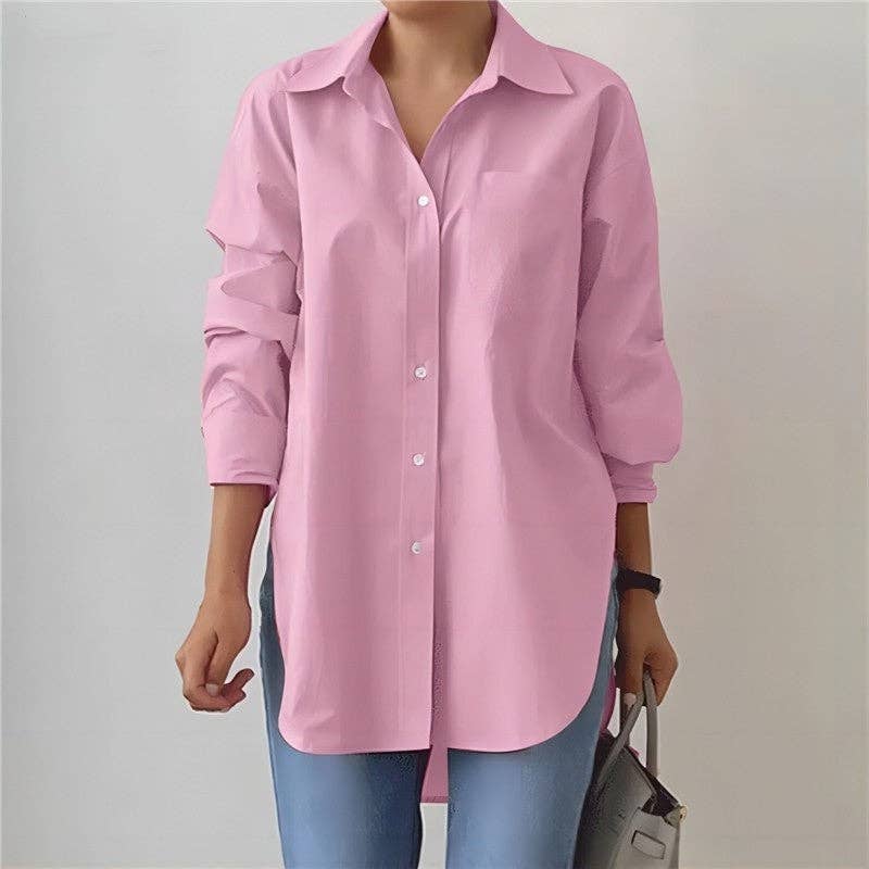 UZ Wholesale Store - Lapel Split Hem Long Sleeve Shirt in Solid Color: WHITE / M