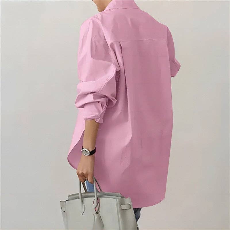 UZ Wholesale Store - Lapel Split Hem Long Sleeve Shirt in Solid Color: WHITE / M