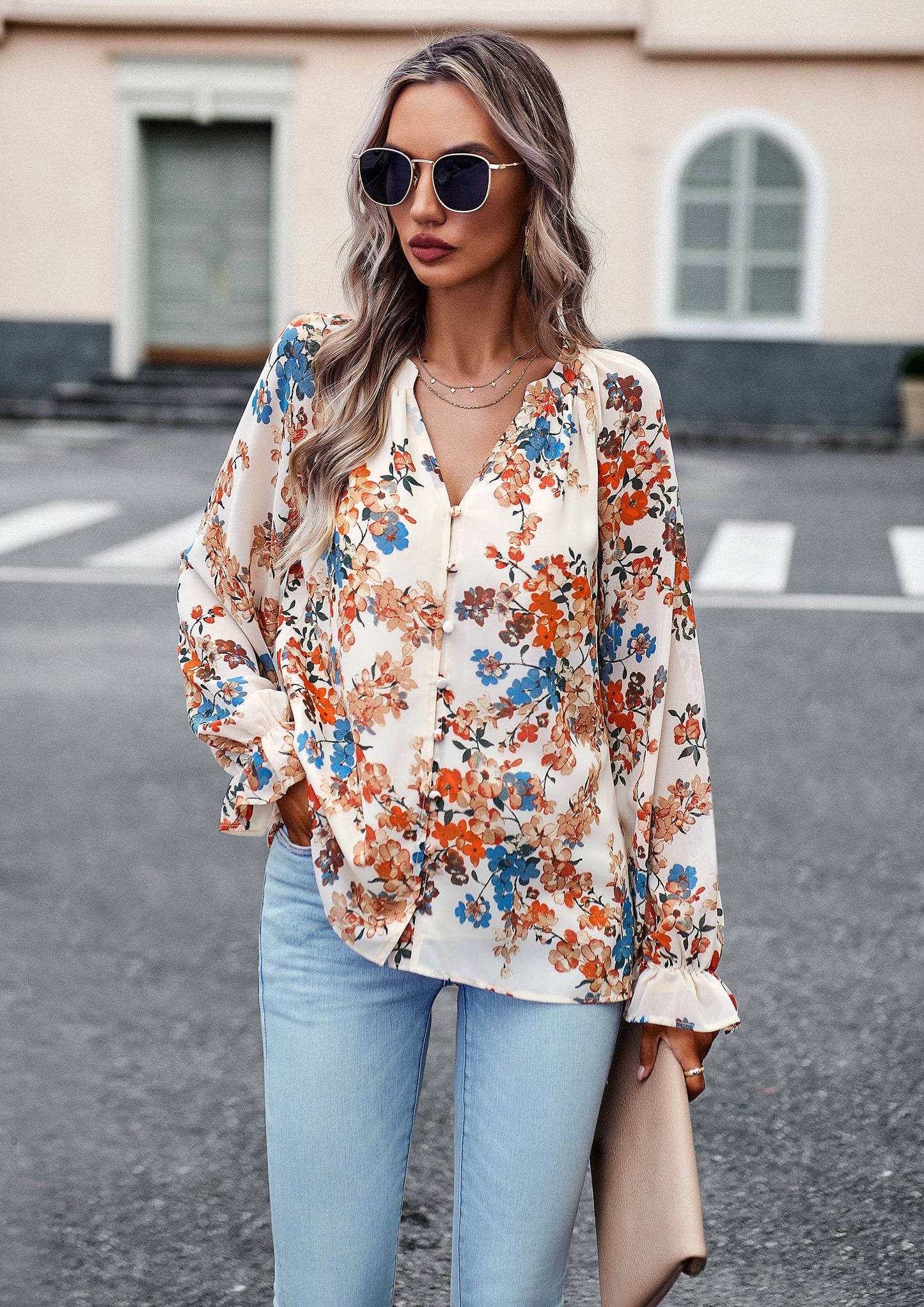 ePretty - Floral Button Down Long Sleeve Blouse SZ25-TP32012: Beige / S