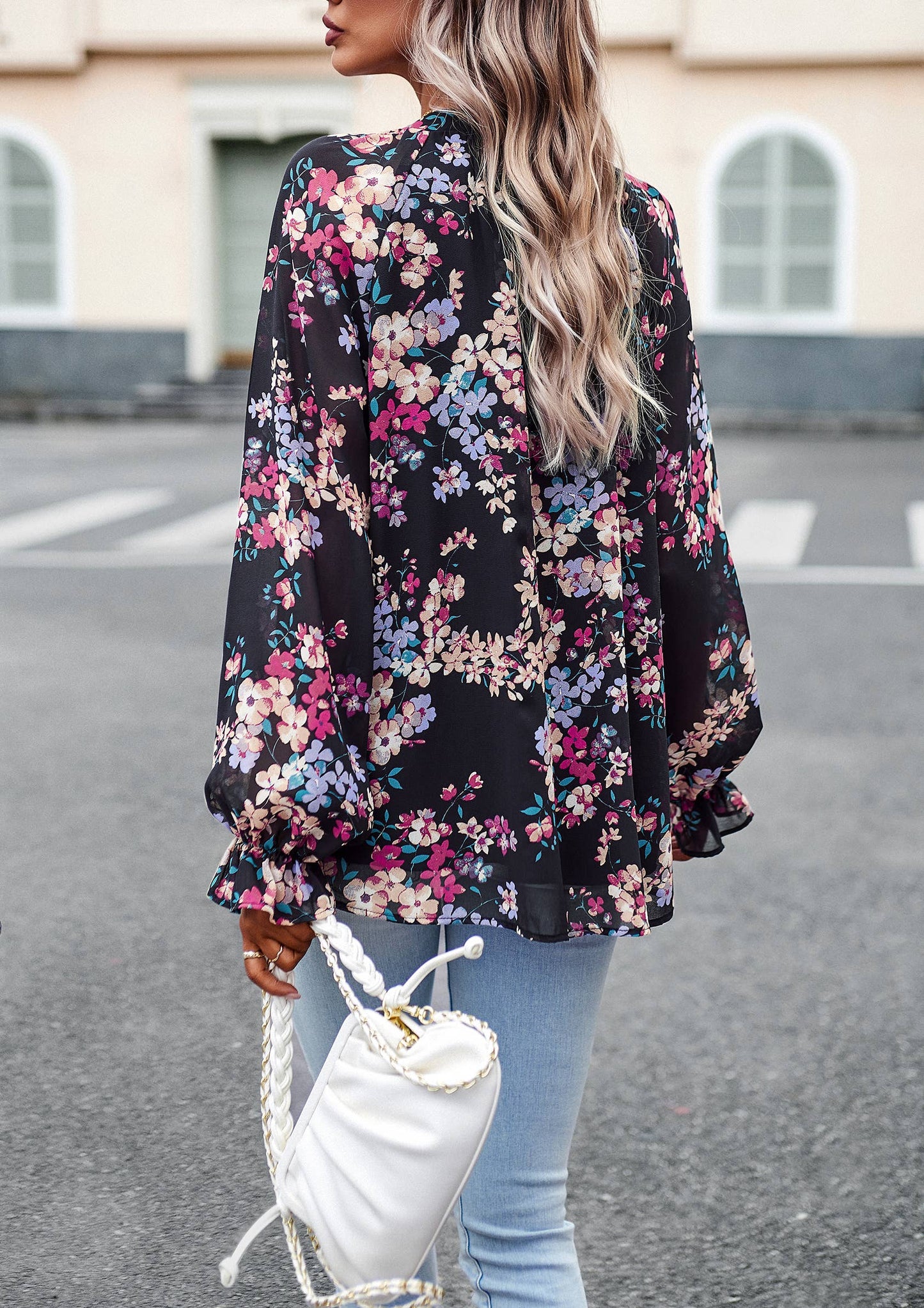 ePretty - Floral Button Down Long Sleeve Blouse SZ25-TP32012: Beige / S