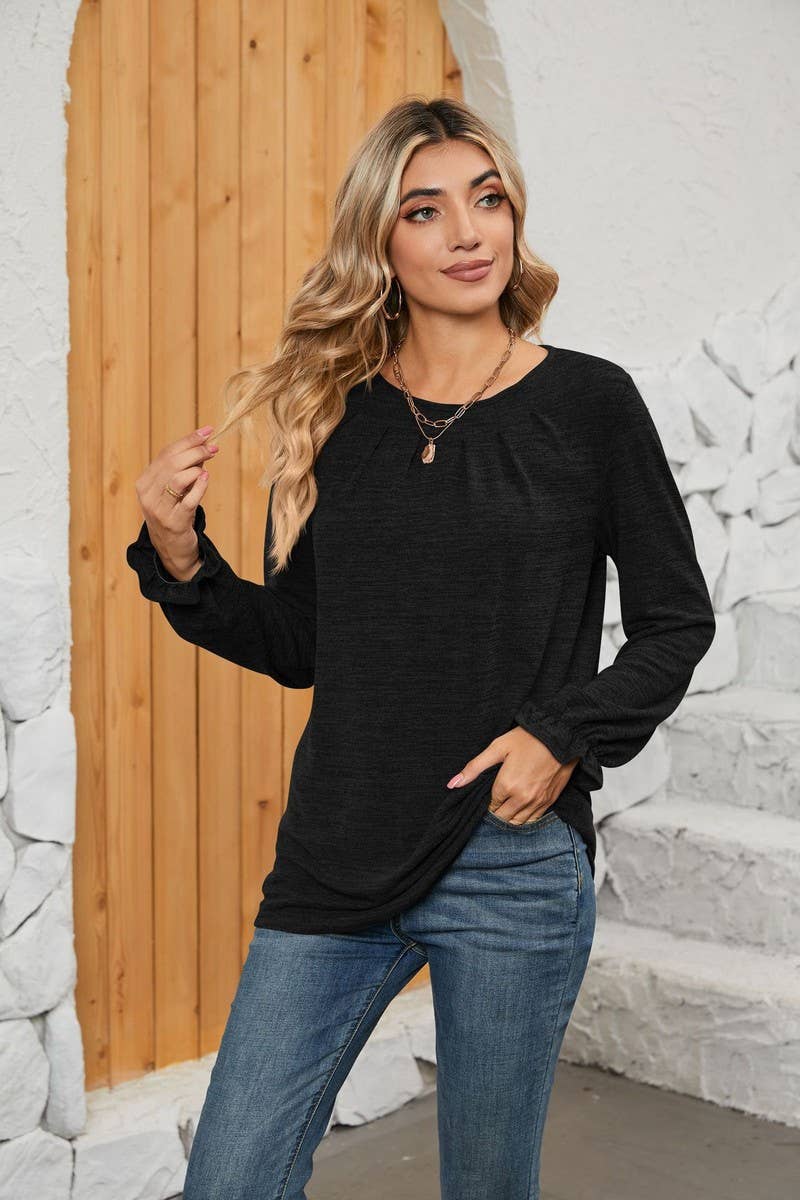 NINEXIS - CWTBLL1048_SOLID COLOR LONG SLEEVE ROUND NECK CASUAL TOP: Green / (S) 1