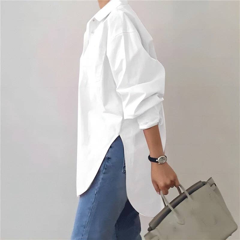 UZ Wholesale Store - Lapel Split Hem Long Sleeve Shirt in Solid Color: WHITE / M