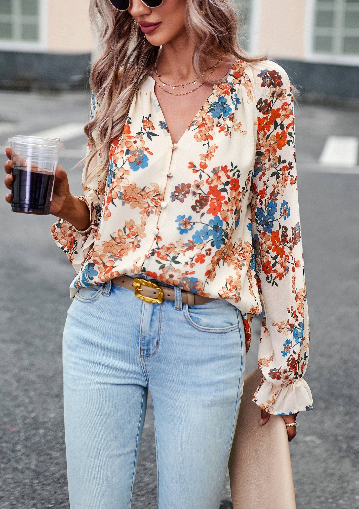 ePretty - Floral Button Down Long Sleeve Blouse SZ25-TP32012: Beige / M