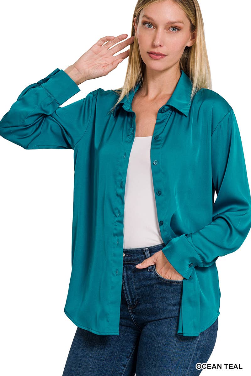 42POPS - ....SI-23622 SATIN CHARMEUSE BUTTON FRONT SHIRT: IVORY-153070 / M