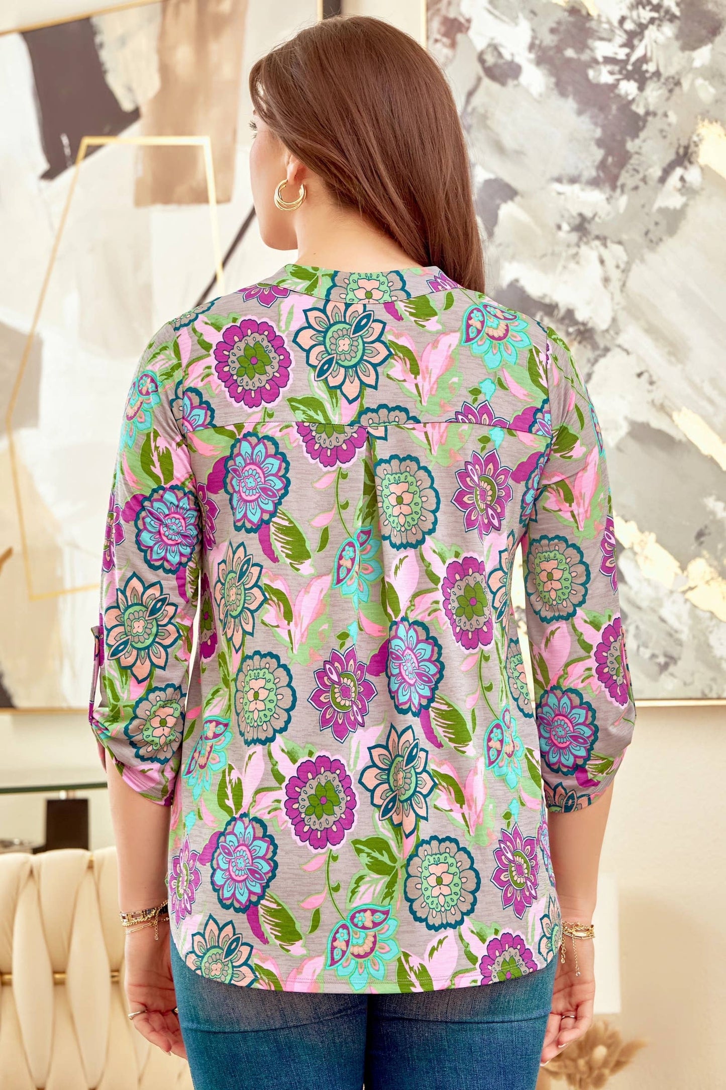 Dear Scarlett - Multicolor Wrinkle Free LIZZY Floral Top LIZZY-V0234: GREY MULTI / L