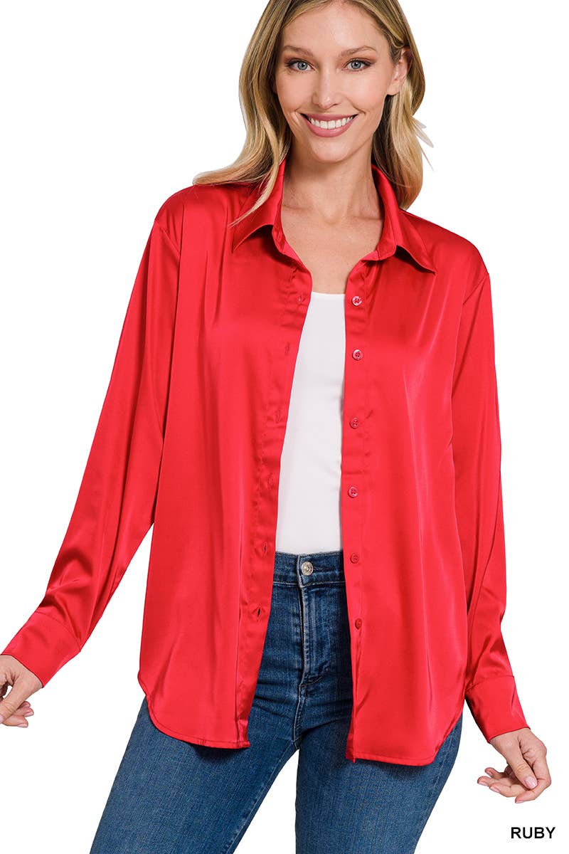 42POPS - ....SI-23622 SATIN CHARMEUSE BUTTON FRONT SHIRT: IVORY-153070 / M
