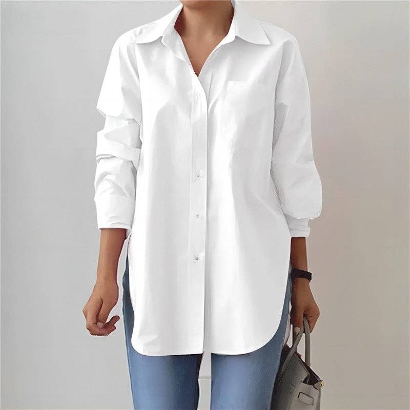 UZ Wholesale Store - Lapel Split Hem Long Sleeve Shirt in Solid Color: WHITE / M