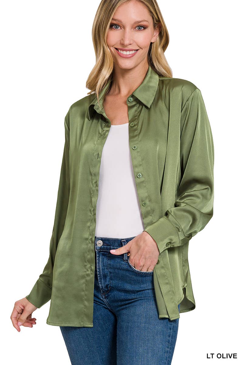 42POPS - ....SI-23622 SATIN CHARMEUSE BUTTON FRONT SHIRT: IVORY-153070 / M