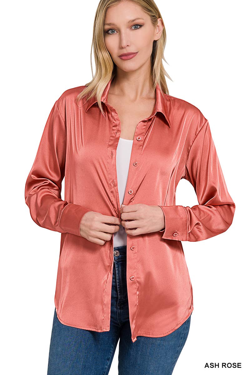 42POPS - ....SI-23622 SATIN CHARMEUSE BUTTON FRONT SHIRT: IVORY-153070 / M