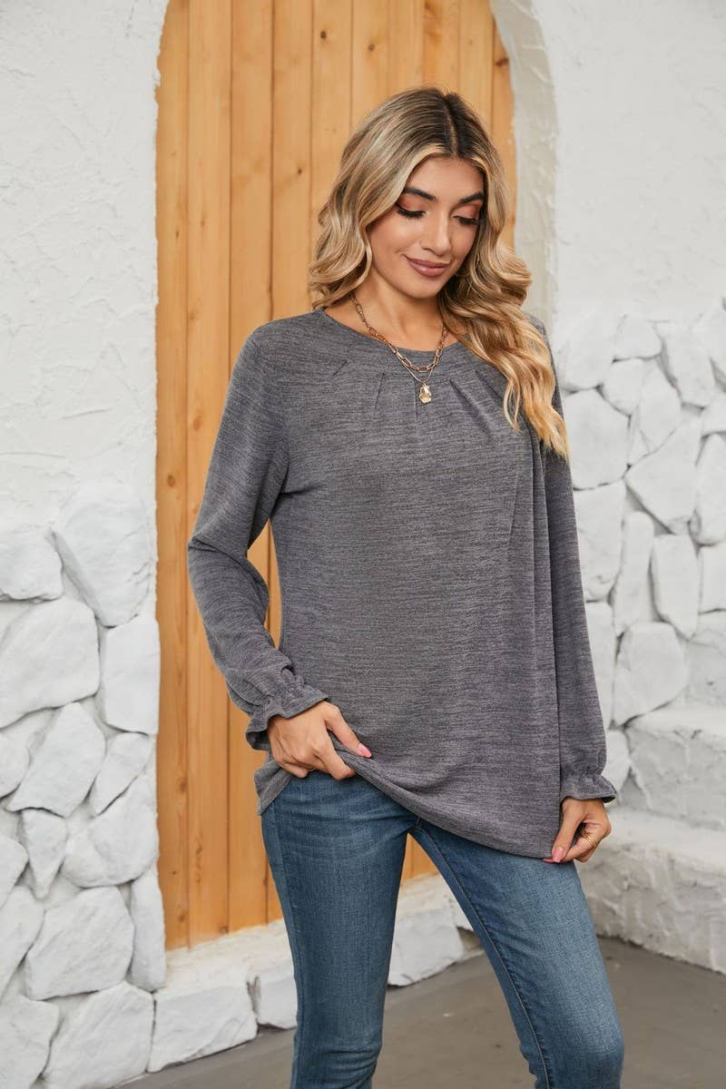 NINEXIS - CWTBLL1048_SOLID COLOR LONG SLEEVE ROUND NECK CASUAL TOP: Green / (S) 1