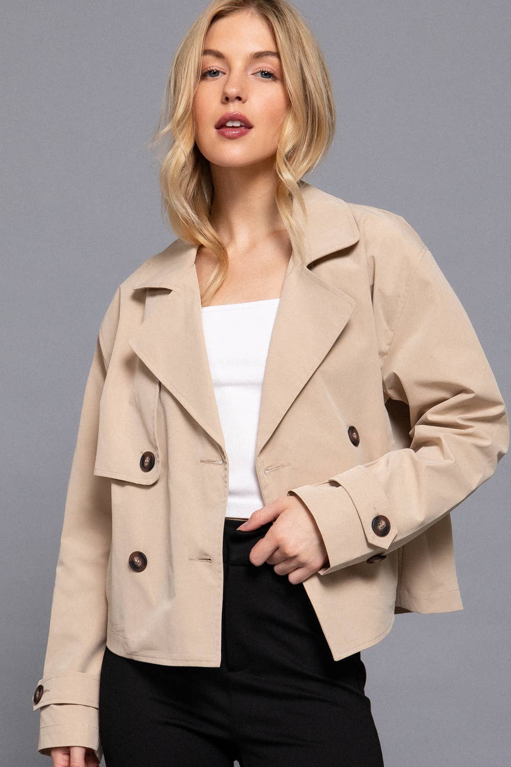 42POPS - ,,....SI-26853 Double Breasted Short Trench Jacket: KHA-beige-172710 / L