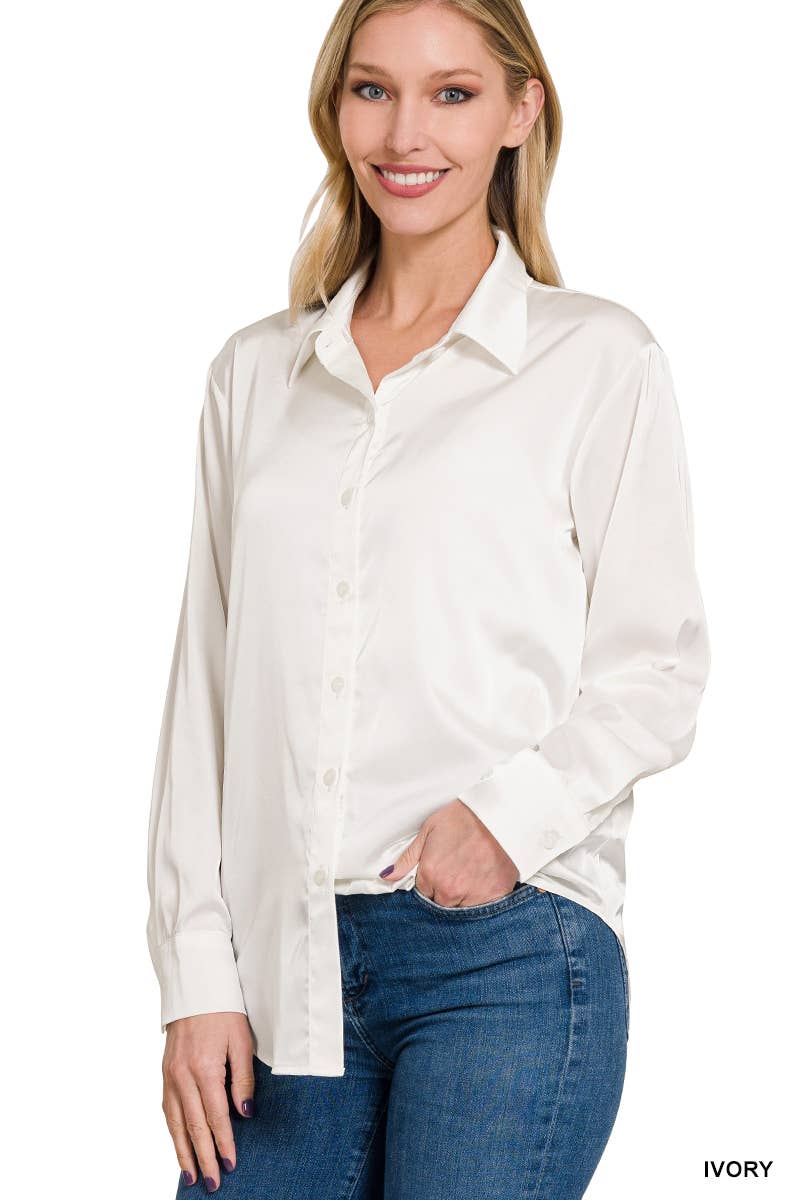 42POPS - ....SI-23622 SATIN CHARMEUSE BUTTON FRONT SHIRT: IVORY-153070 / M