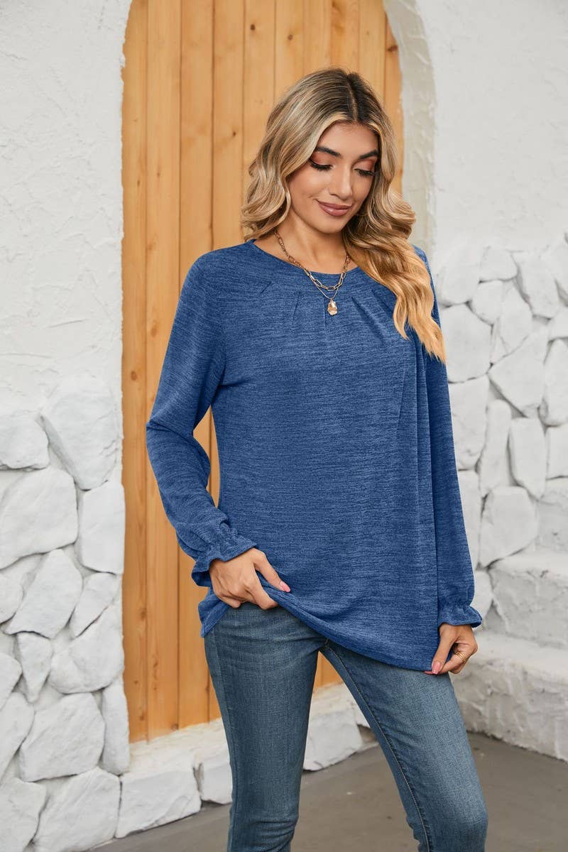 NINEXIS - CWTBLL1048_SOLID COLOR LONG SLEEVE ROUND NECK CASUAL TOP: Green / (S) 1