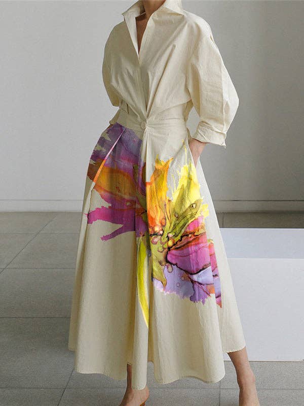 UZ Long Sleeves Loose Pleated Split-Joint Tied Waist Lapel Midi Dresses Shirt Dress: BEIGE / M