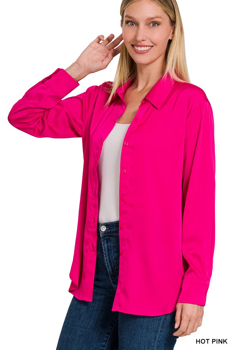42POPS - ....SI-23622 SATIN CHARMEUSE BUTTON FRONT SHIRT: IVORY-153070 / M