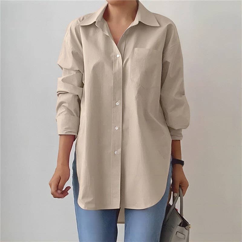 UZ Wholesale Store - Lapel Split Hem Long Sleeve Shirt in Solid Color: WHITE / M