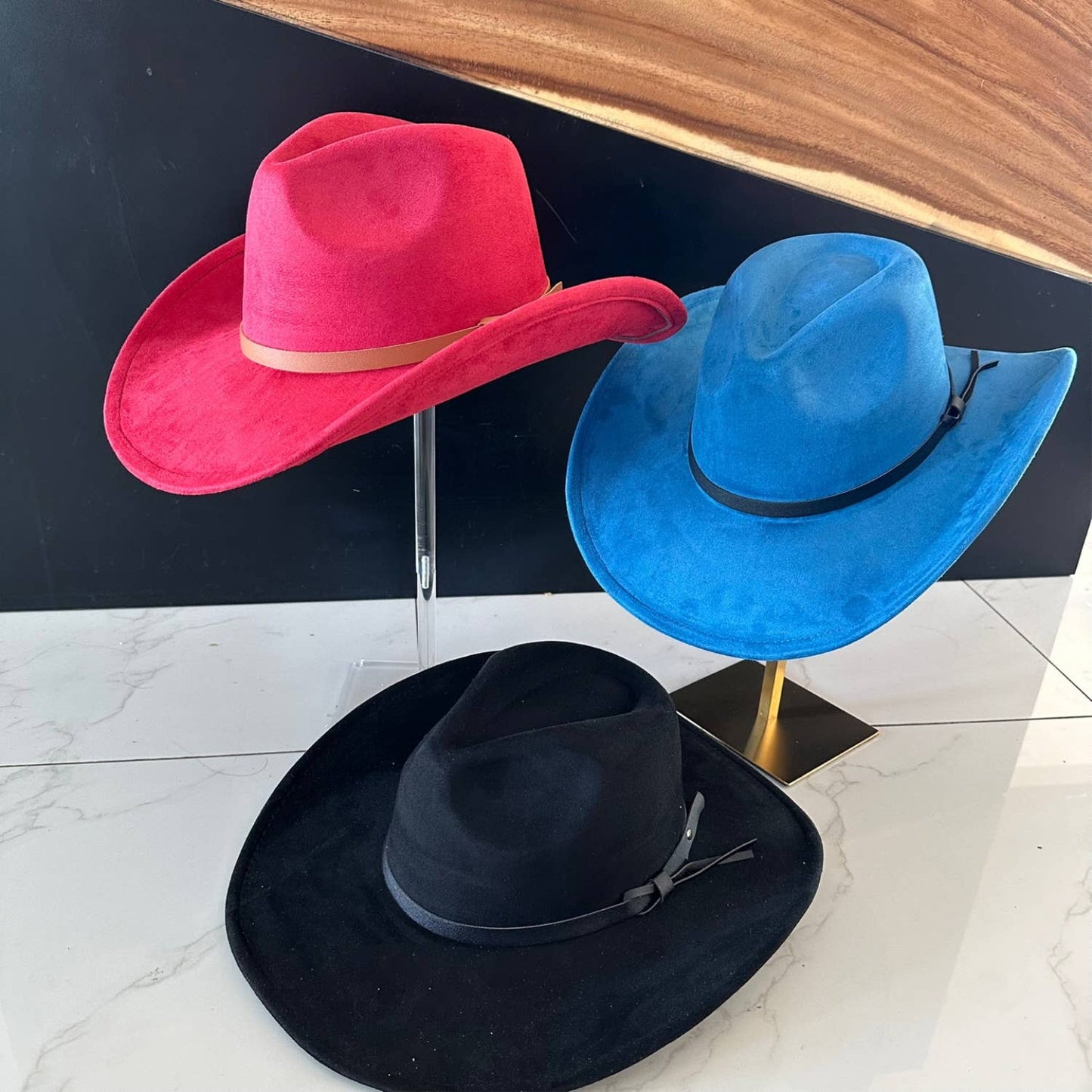 Queens INC - Fashion Vegan suede Cowboy hat W/ Leather Belt: OLIVE / ONE SIZE