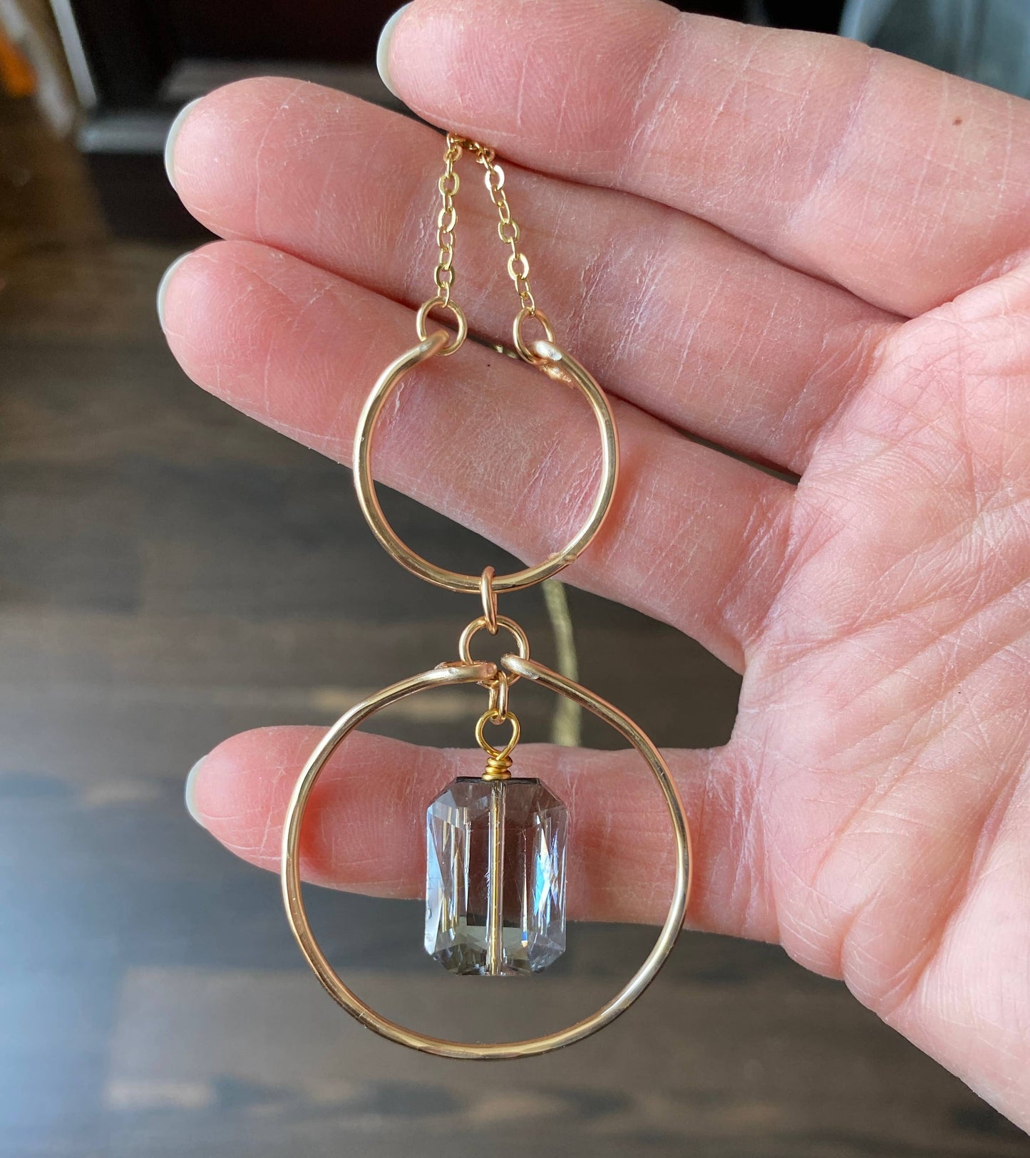 Marble Designs Jewelry - Gold Hammered Hoop Crescent Crystal Pendant: Champagne