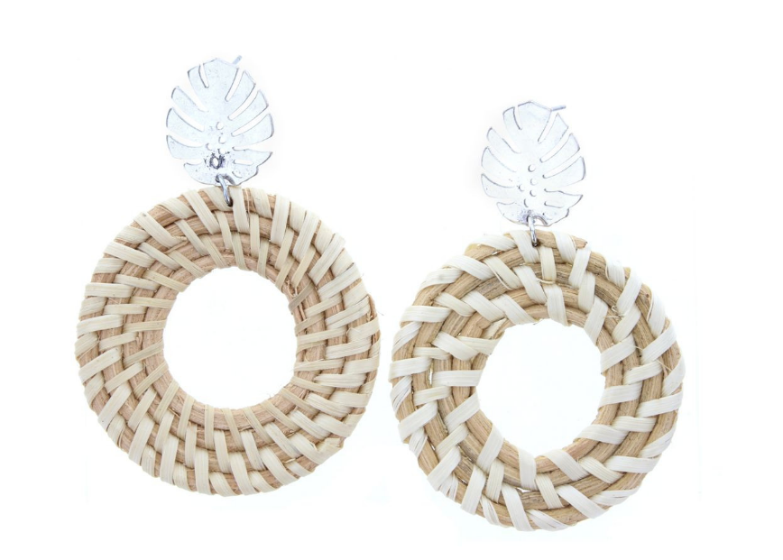 Jane Marie Silver Palm Leaf Stud With Open Circle Wicker Weave Circle