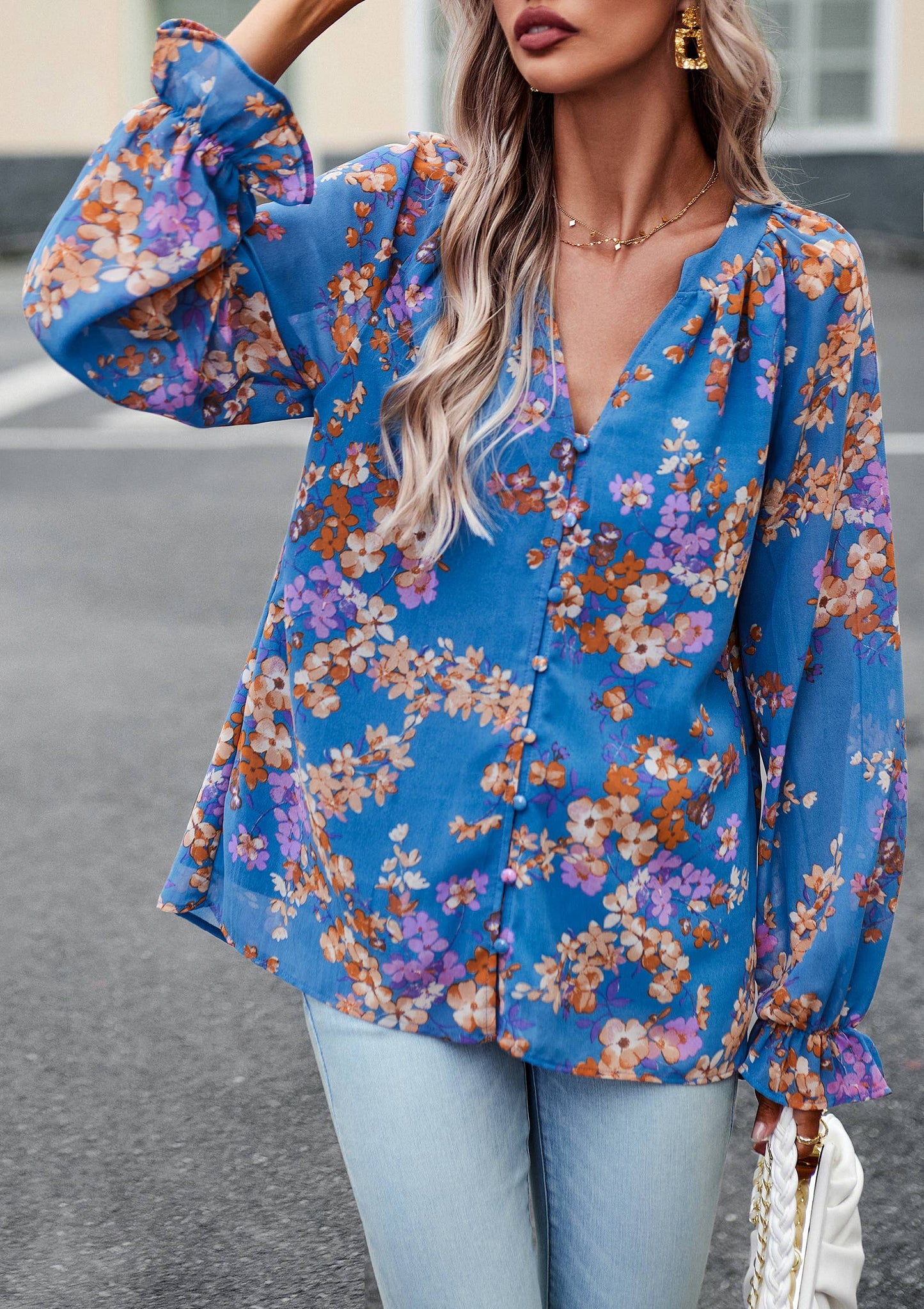 ePretty - Floral Button Down Long Sleeve Blouse SZ25-TP32012: Beige / S