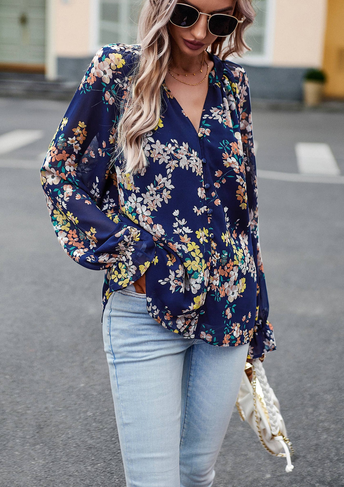 ePretty - Floral Button Down Long Sleeve Blouse SZ25-TP32012: Beige / M