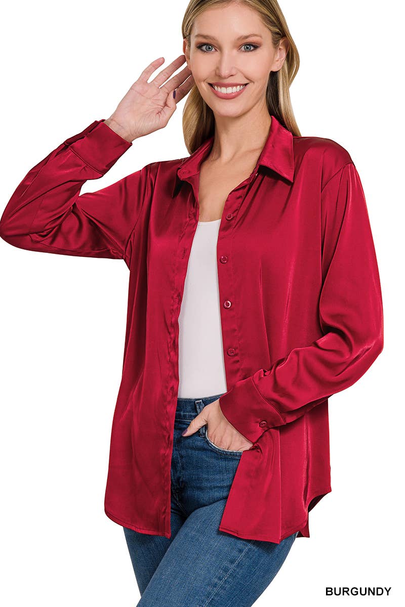 42POPS - ....SI-23622 SATIN CHARMEUSE BUTTON FRONT SHIRT: IVORY-153070 / M
