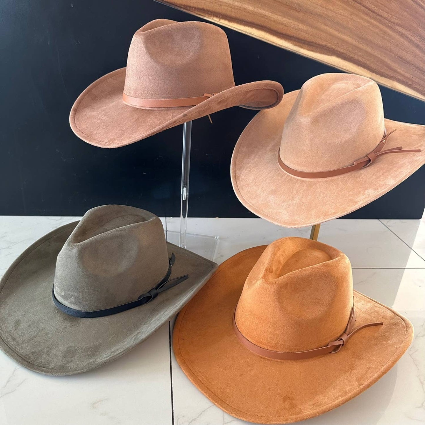 Queens INC - Fashion Vegan suede Cowboy hat W/ Leather Belt: OLIVE / ONE SIZE