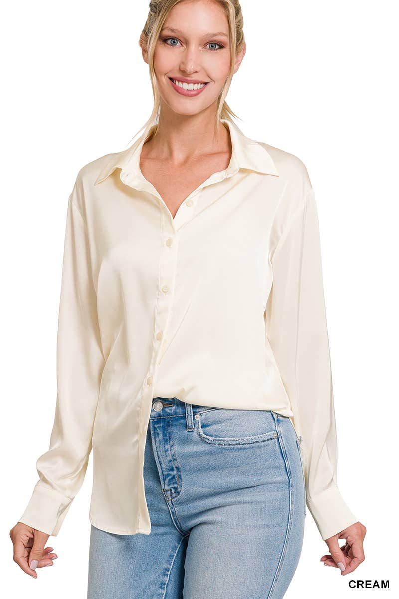 42POPS - ....SI-23622 SATIN CHARMEUSE BUTTON FRONT SHIRT: IVORY-153070 / M