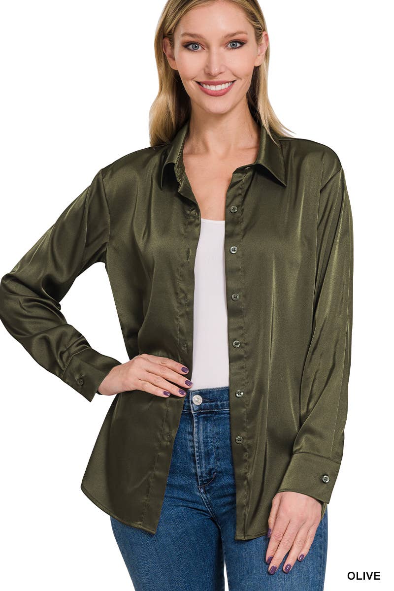 42POPS - ....SI-23622 SATIN CHARMEUSE BUTTON FRONT SHIRT: IVORY-153070 / M