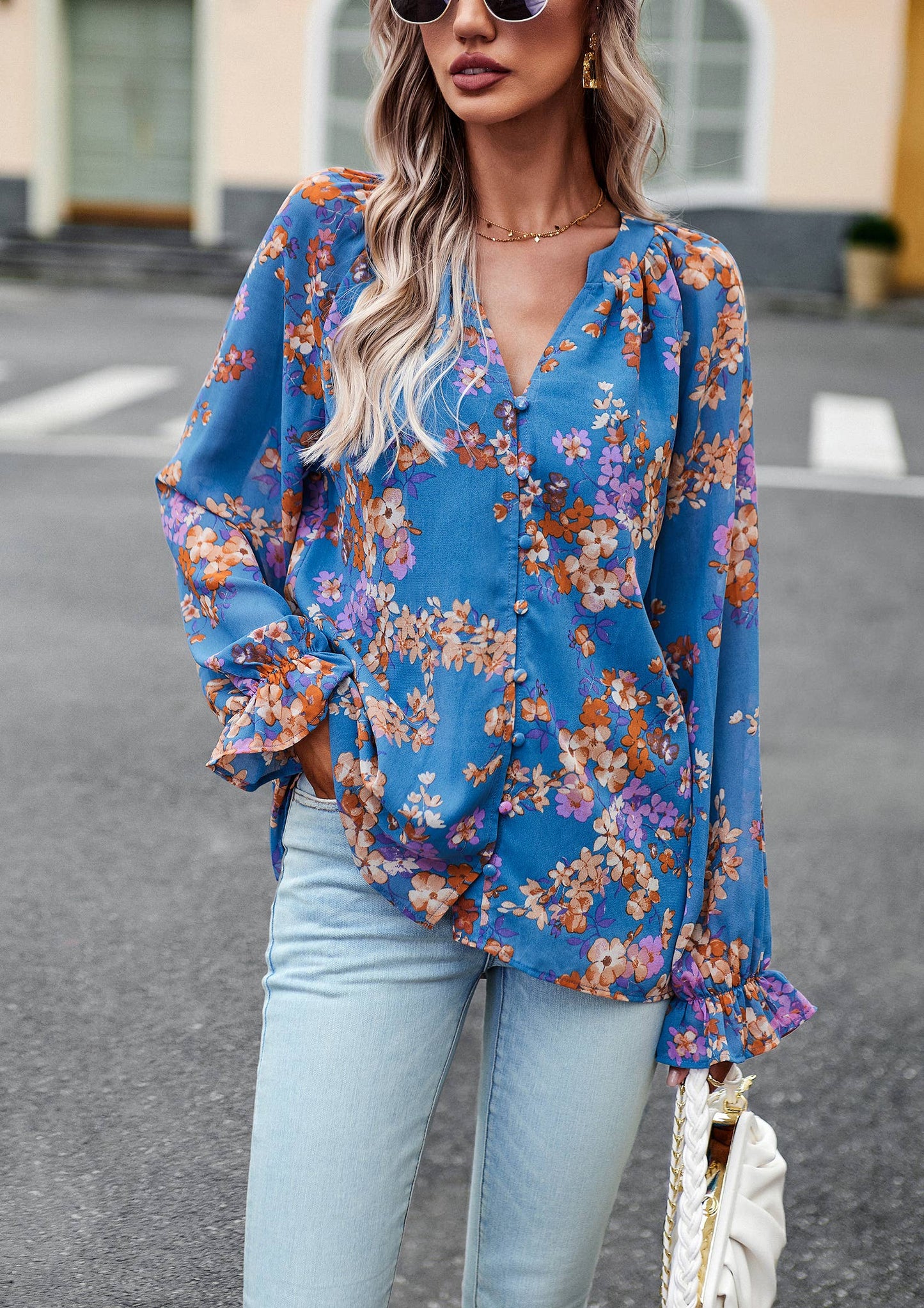 ePretty - Floral Button Down Long Sleeve Blouse SZ25-TP32012: Beige / S
