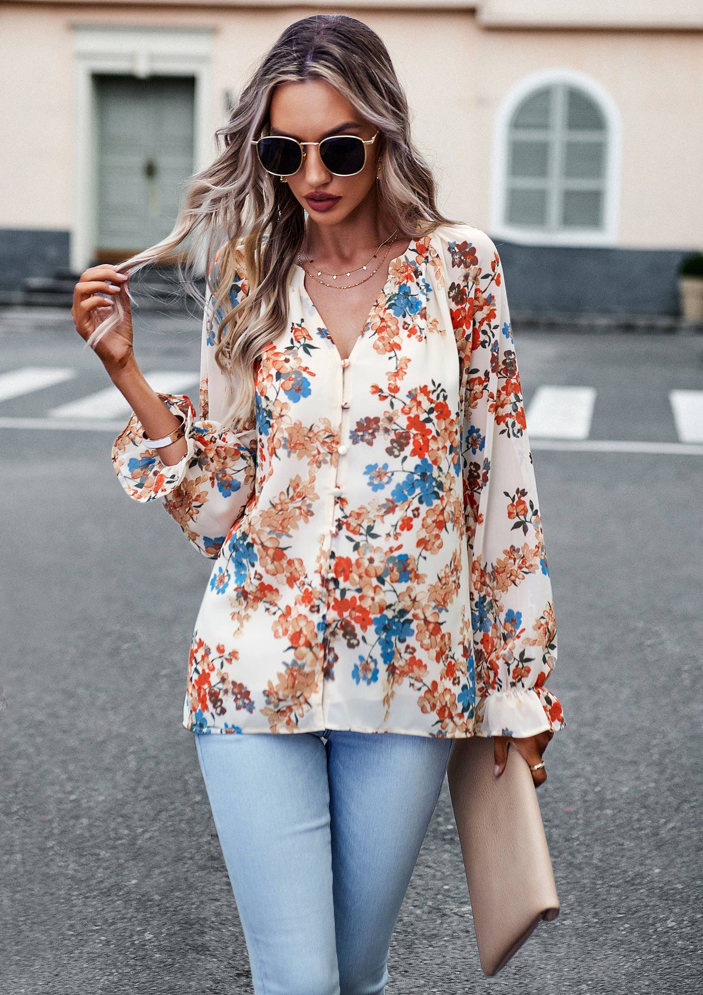 ePretty - Floral Button Down Long Sleeve Blouse SZ25-TP32012: Beige / M