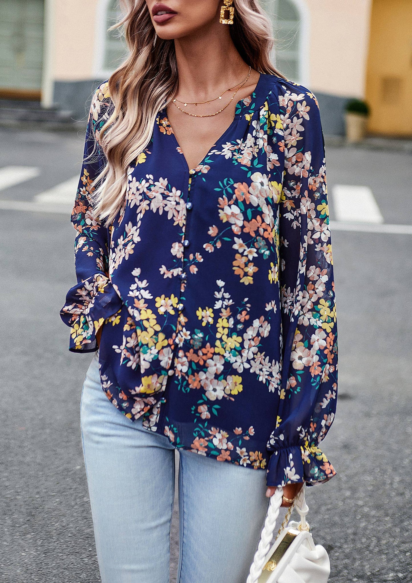 ePretty - Floral Button Down Long Sleeve Blouse SZ25-TP32012: Beige / M