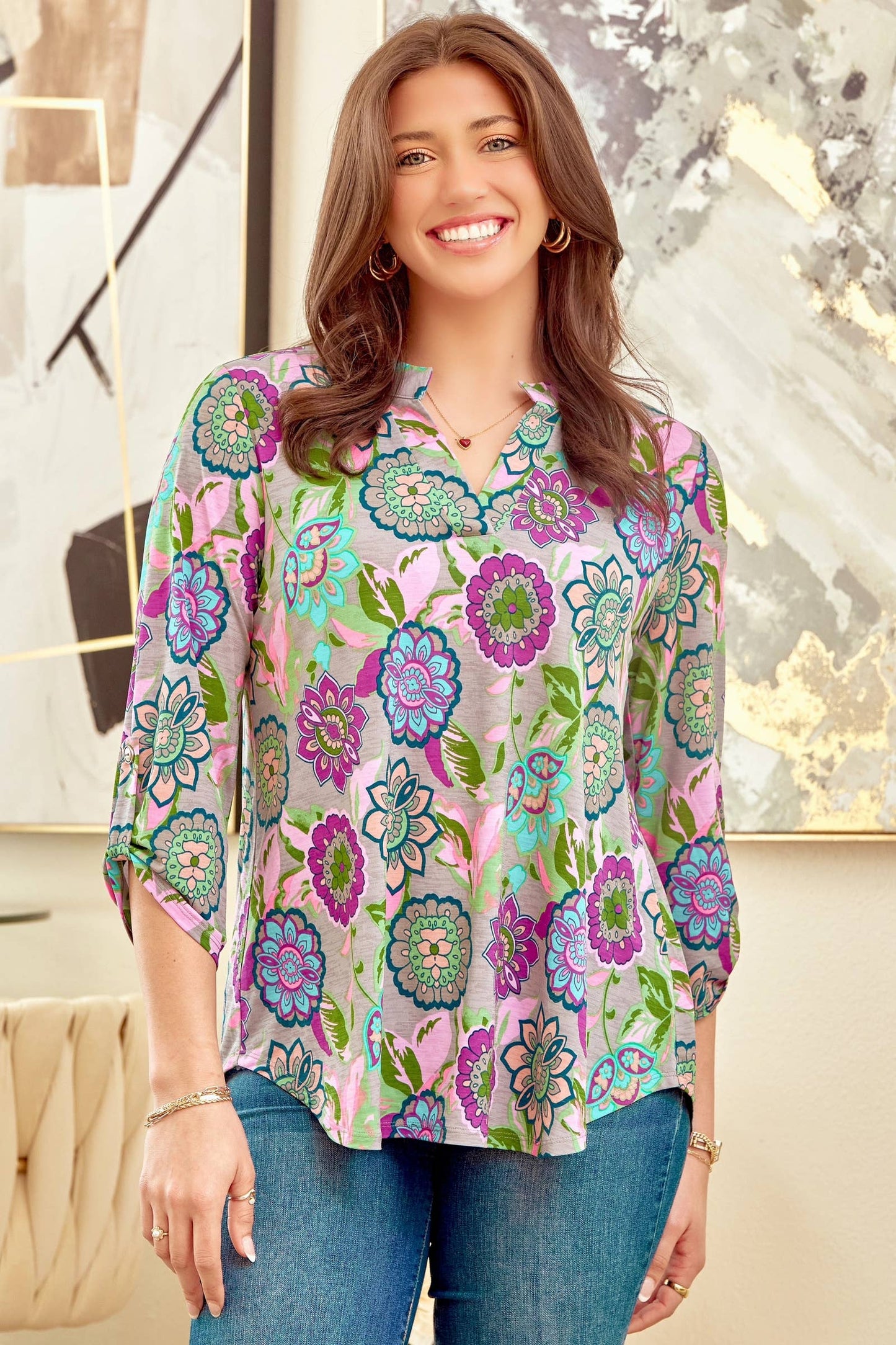 Dear Scarlett - Multicolor Wrinkle Free LIZZY Floral Top LIZZY-V0234: GREY MULTI / L
